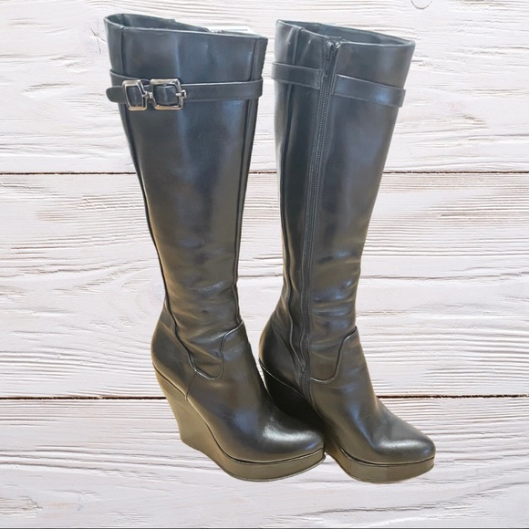 Black /platforms wedge knee-high boot with inner zipper - Picture 1 of 5